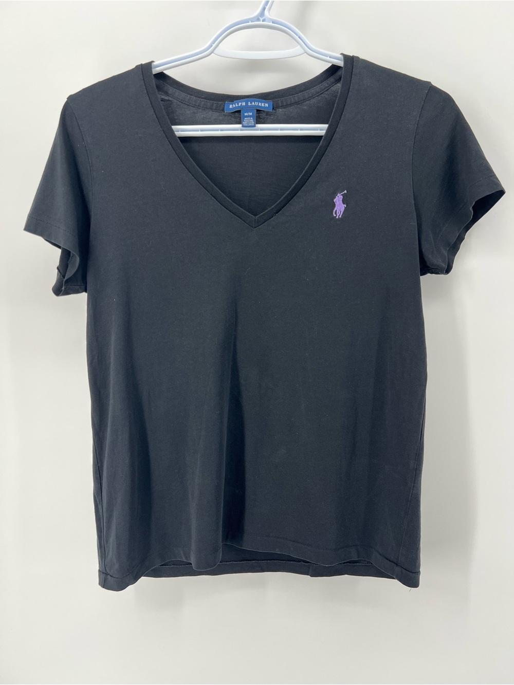 Ralph Lauren Women’s Medium Black V-Neck Polo Logo Tee with Purple Pony